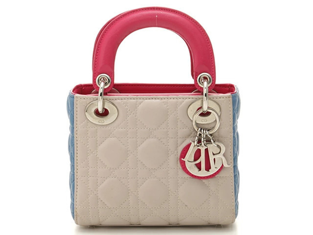 Christian Dior Lady Bag Beige Cream Pink Blue Lambskin Handbag SJ